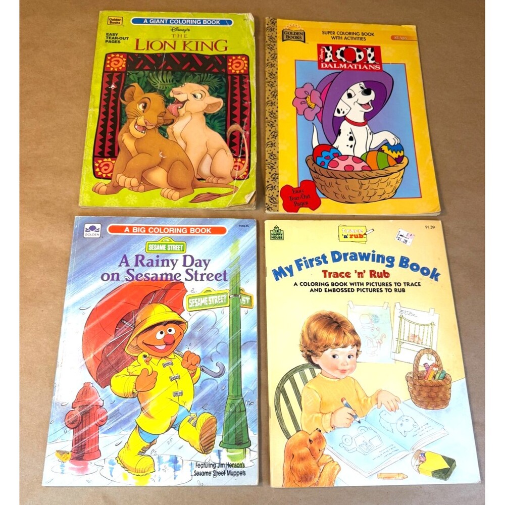 Vintage Children's Coloring Activity Book Lot of 4 Lion King Sesame Street, etc.